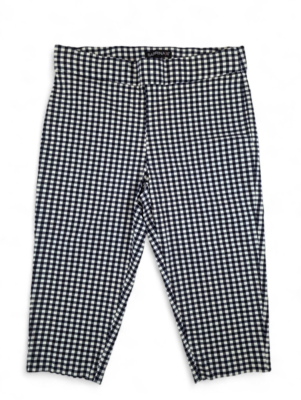 Navy & White Gingham Capri Pull On Pants Stretch Women L Coastal Preppy Retro
